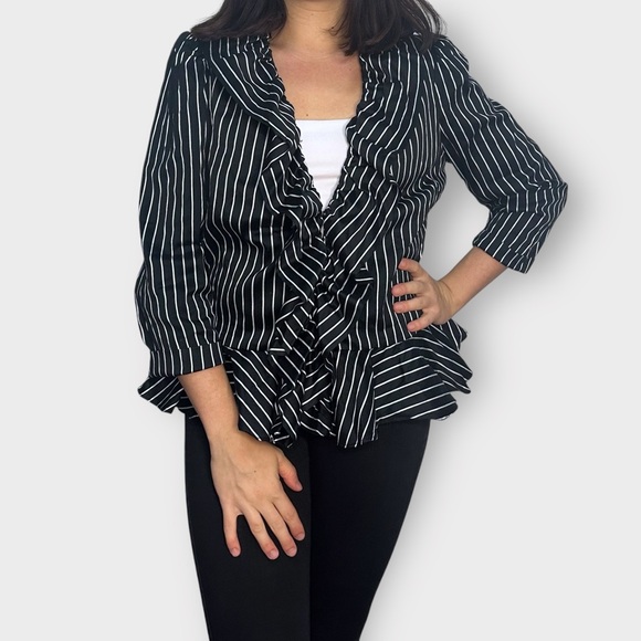 Lauren Ralph Lauren Black & White Striped Ruffle Shirt / Jacket / Blazer - Picture 2 of 6